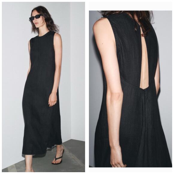 Zara Dresses & Skirts - NWT Zara 100% Linen Midi Dress Size Small Black 2731/094 Lagenlook Preppy Chic